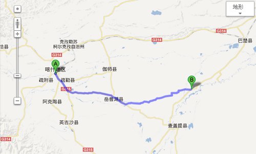 綠色標(biāo)記處B即為巴楚縣色力布亞鎮(zhèn)